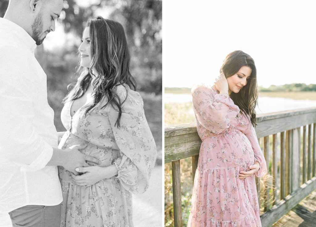 husband and wife outside in Palm Beach for a maternity photoshoot.