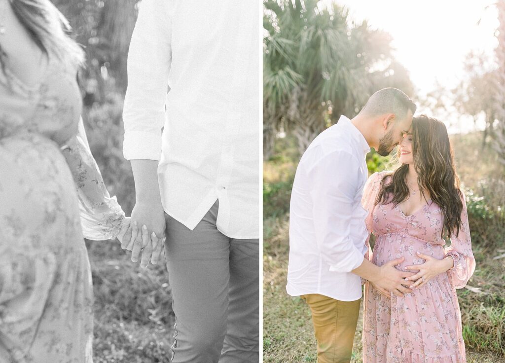 Husband and wife outside in Palm Beach for a maternity photoshoot.