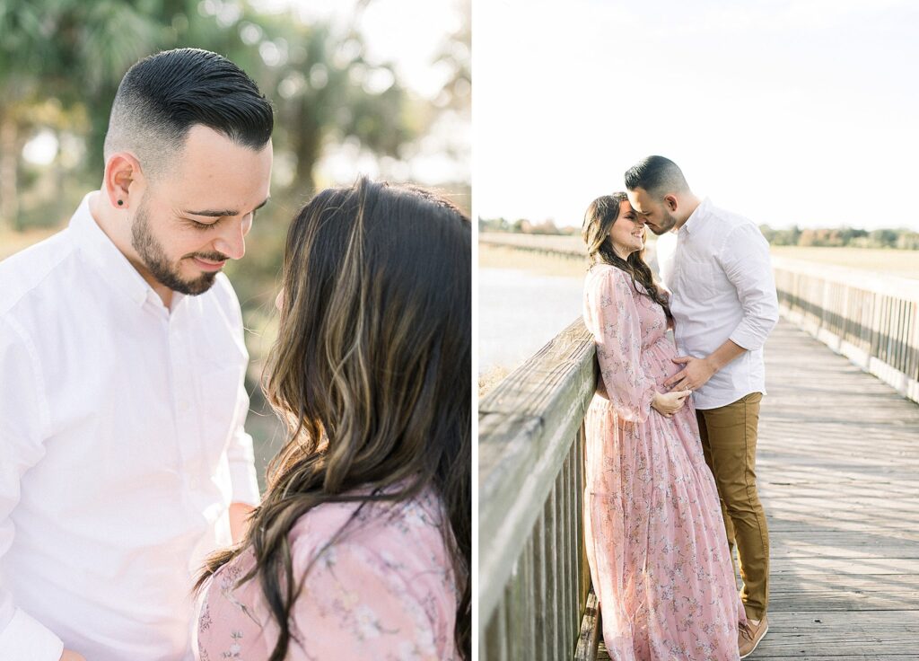 Husband and wife outside in Palm Beach for a maternity photoshoot.