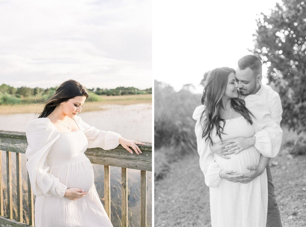 Husband and wife outside in Palm Beach for a maternity photoshoot.