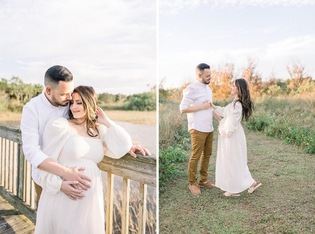 Husband and wife outside in Palm Beach for a maternity photoshoot.