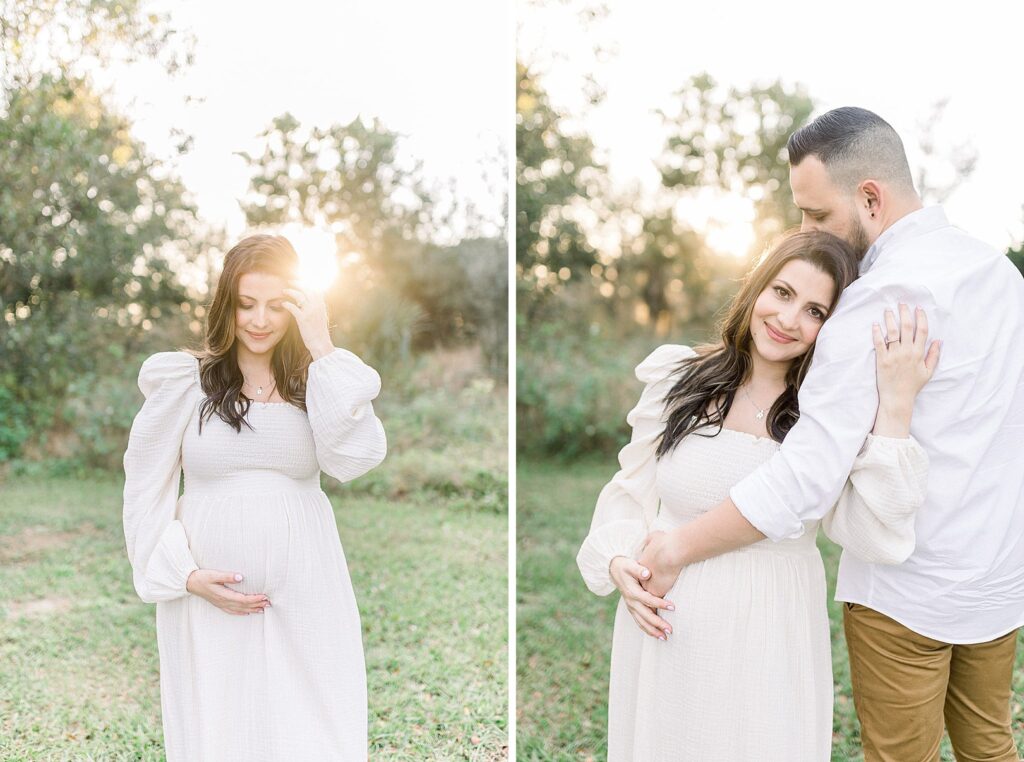 Husband and wife outside in Palm Beach for a maternity photoshoot.