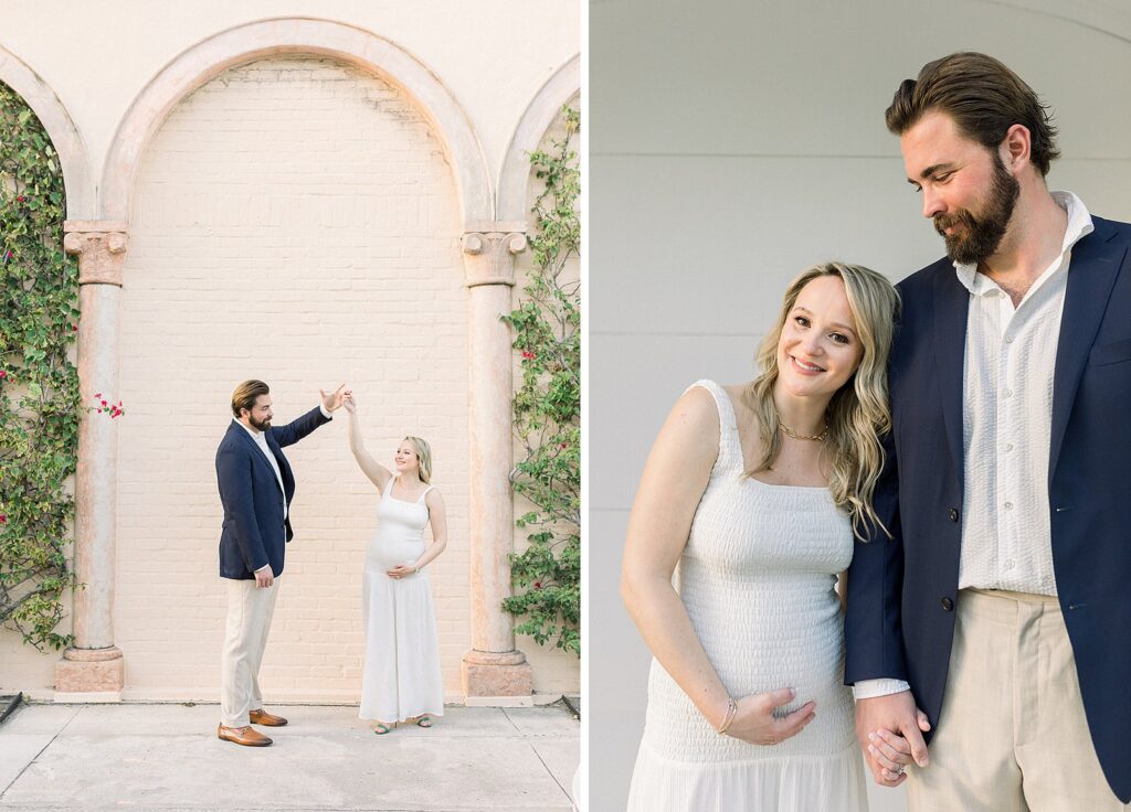 A couple posing for a fine art maternity session at Worth Avenue FL